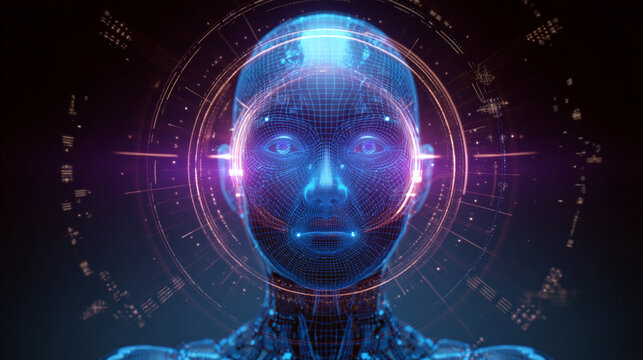 Futuristic AI humanoid face, made of glowing digital grids & holographic particles, surrounded by floating UI interface elements, data rings, & futuristic HUD graphics, luminous blue & purple glow