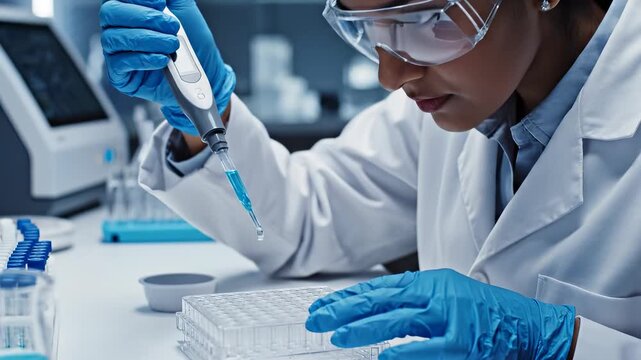 Scientist laboratory research pipette blue glove safety glasses experiment closeup medical technology focus female healthcare analysis professional equipment sterile science innovation modern