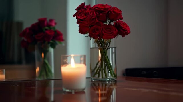 A table features a candle and red roses in a vase with a mirror reflecting the roses