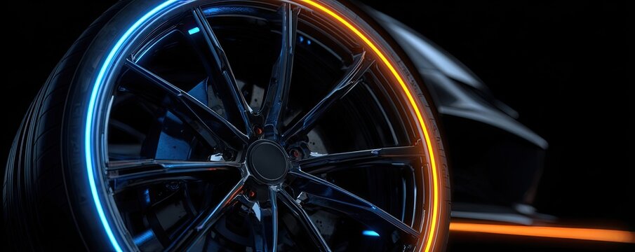 Close-up of a futuristic vehicle's wheel, rim illuminated by neon lights against a black background