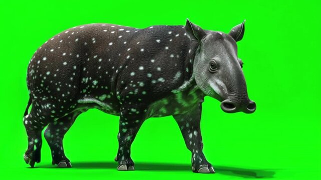 An adorable spotted juvenile tapir walks with gentle curiosity across a vibrant green screen background.