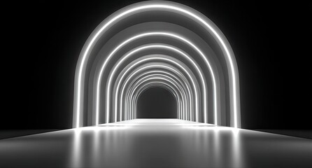 Fototapeta premium Futuristic tunnel with glowing arches, mirrored floor, and dark backdrop, creating a sense of depth