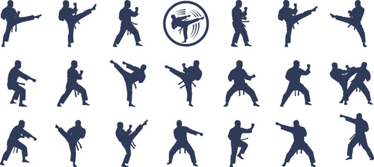Karate Martial Arts Silhouette Set Showing Fighting Stances, Kicks and Punches, Traditional Combat Training, Self Defense and Sport Action Illustration Collection