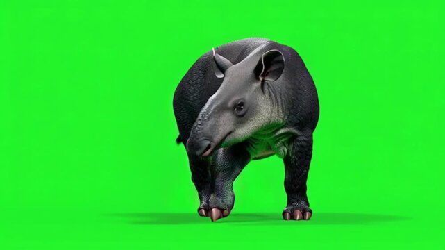 A large adult tapir confidently walks across a bright green screen studio, displaying its robust form.