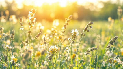 Wildflower field in soft sunlight, dreamy bokeh backdrop. Blooming grassland at golden hour, fresh natural texture. Spring floral meadow closeup with warm glow and blur light