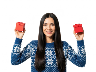 Happy young woman holding two red gift boxes with festive sweater and smiling isolated on transparent background