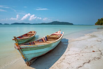 Fototapeta premium Wooden fishing vessels gently rest on a sandy shore under a bright blue sky