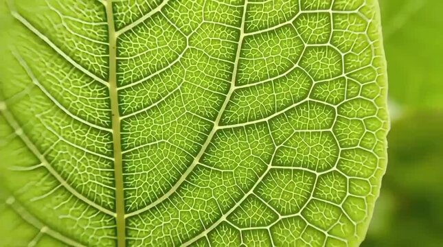 Captivating macro view of a fresh green leaf, highlighting its intricate vein patterns and vibrant texture, a detailed representation of natural growth and organic beauty