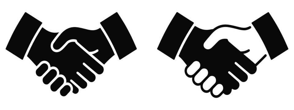 Two black silhouette handshake icons, hands shaking symbol representing agreement partnership trust and professional cooperation concept.