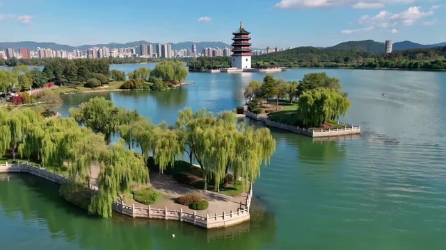 Aerial photography of the ancient tower scenery in the lakeside park and the island scenery of the tower in the center of the lake