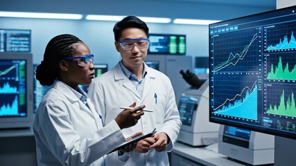 Scientists Laboratory Data Analysis Research Technology Teamwork Graph Statistic Innovation Modern Lab Environment with Digital Screens, Equipment, and Two Scientists Analyzing Data, Discussing - Powered by Adobe