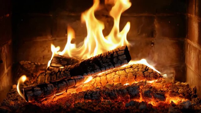 Firewood flame burning in fireplace Warm fireplace flame burning