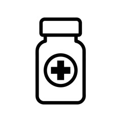 Obraz premium Black line art of a medicine bottle with a cross on the label