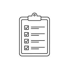 A black and white line drawing of a clipboard with a checklist on the paper
