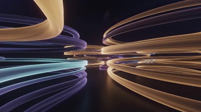 A dynamic abstract image featuring colorful, curved light trails in shades of purple, blue, and orange against a dark background.