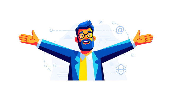 Cheerful bearded male character wearing spectacles making thumbs up gesture positive facial expression vector cartoon illustration isolated person happy face success satisfied joy man avatar