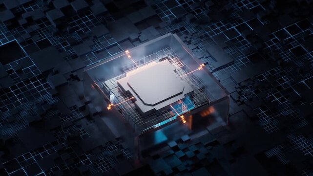 Abstract computing core pulsating with flowing data streams inside glass cube structure on futuristic digital circuit board background