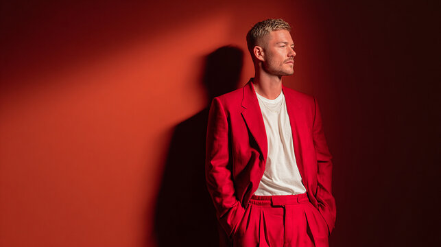 Male model standing in a studio setting wearing a boxy oversized red suit w/ matching pants & a crisp white shirt underneath, minimal accessories, calm, confident expression