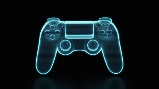 Glowing blue holographic game controller rotating on dark background for virtual reality gaming concept