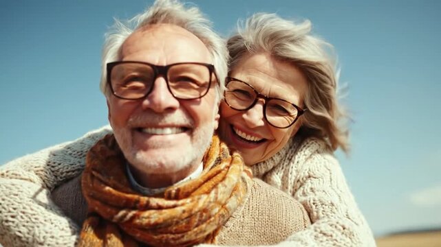 Golden Years of Love: Capturing the essence of enduring love, an older couple shares a tender moment. His warm embrace, a testament to a lifetime of shared joy and connection, as she smiles happily.