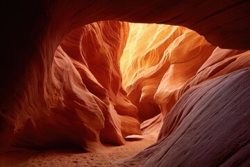 A sandstone canyon's interior, showing layered rock formations bathed in warm, natural light