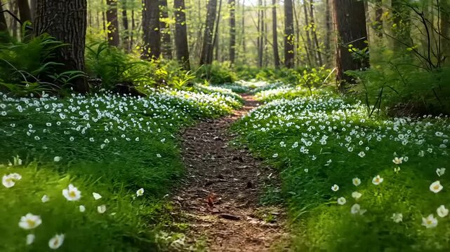 Serene forest path with white flowers.