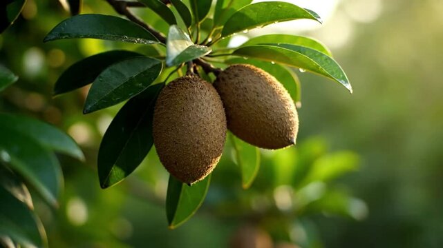 Cinematic slow motion of ripe sapodilla fruits on a tropical tree with soft morning sunlight and natural garden atmosphere, selective focus and gentle breeze, showcasing fresh organic tropical fruit.