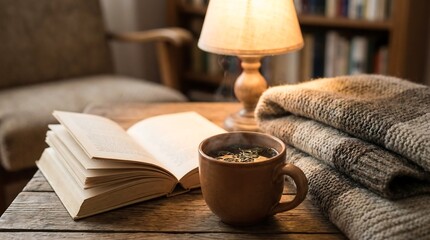 Steaming cup of herbal tea next to open book and cozy blanket on wooden table. Warm and relaxing home comfort concept for autumn day.