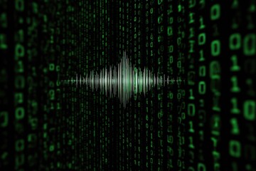 A graphical representation of an audio wave in a binary code background