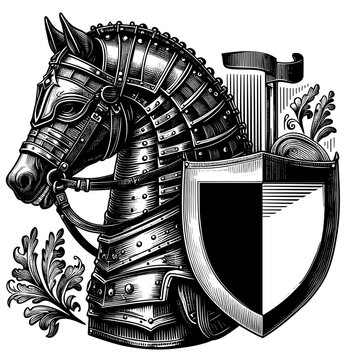 Armored Warhorse Head in Hand-Drawn Vintage Classic Engraving, featuring Medieval Barding and Heraldic Style as Knightly Emblem and Equestrian Armor. Ideal for Chivalry Design, Fantasy Decor,