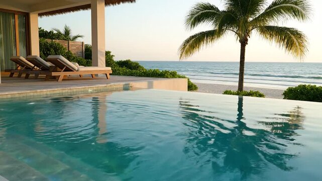 Luxurious oceanfront private villa with infinity pool, beach, and palm tree view