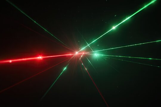 Bright red and green laser beams converging in a dark space, creating a visual display