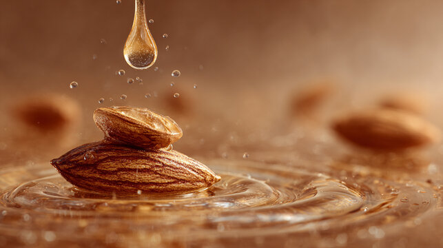 Almond oil dripping down from the top of an almond, light brown background, product photography, studio lighting