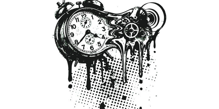 Surreal distorted alarm clock with dripping effect and mechanical gears