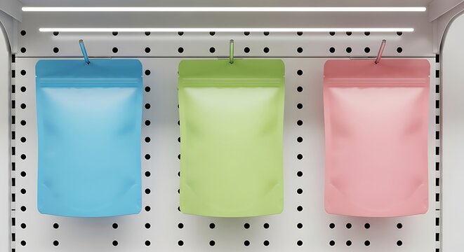 Three colorful pouches hanging on a pegboard with a white background and overhead lighting.