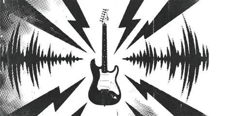 Electric guitar silhouette with lightning bolts and sound waves in a rock music poster style vector illustration