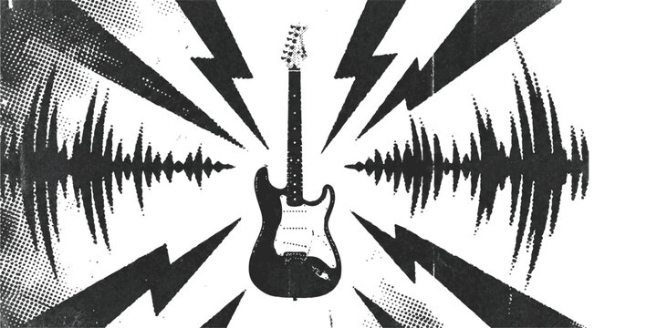 Electric guitar silhouette with lightning bolts and sound waves in a rock music poster style vector illustration