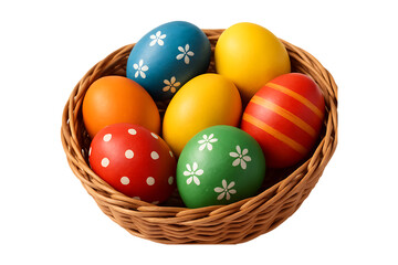 Vibrant wicker basket filled with colorful hand painted Easter eggs Isolated on a Transparent Background