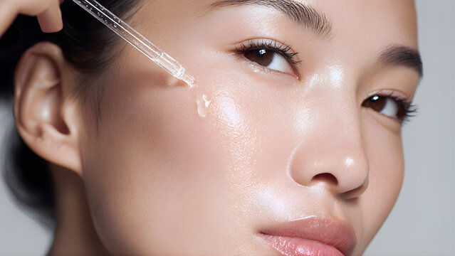 Beauty editorial close-up of an Asian female model with flawless, dewy skin. She is applying a transparent, watery hyaluronic serum to her cheek using a dropper, the liquid visibly glistening in soft 