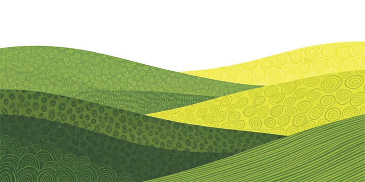 Rolling green hills with textured patterns and a bright yellow field Vector, illustration
