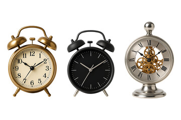 Vintage gold and black alarm clocks with silver skeleton timepiece Isolated on a Transparent Background