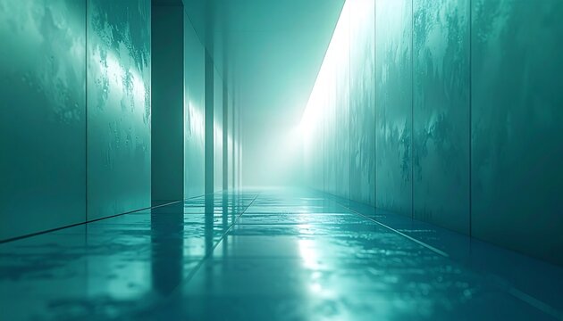 光が差し込む未来的な廊下・退廃したデジタル世界