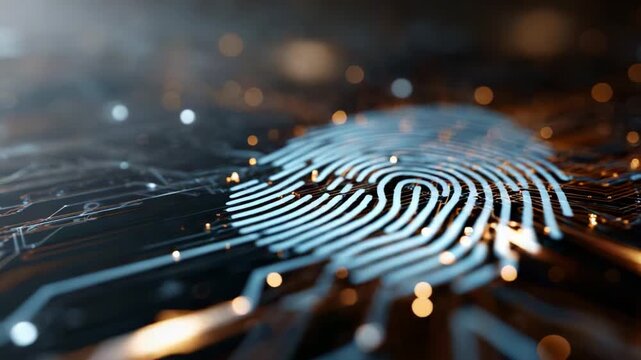 Digital fingerprint abstract design showcasing security, technology, and the intersection of data privacy with biometric identification and modern computing elements.