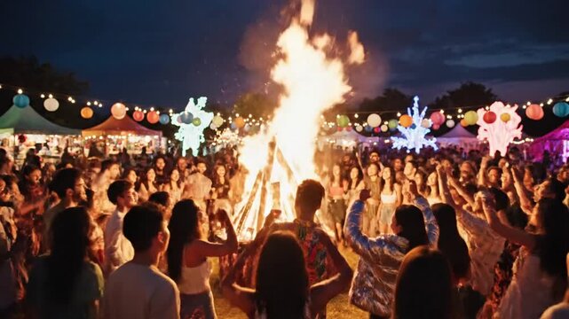Group of people enjoying a nighttime gathering around a large bonfire with decorative lights and tents