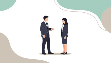 Fototapeta premium Business meeting: man and woman in suits discussing work on a clean background