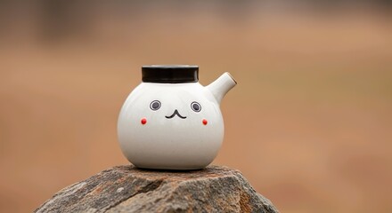 Adorable white ceramic creamer with a cute anthropomorphic face and black lid, artistically placed on a rock, merging whimsical design with a serene natural background