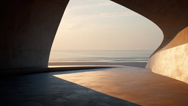 Architectural composition with curved concrete walls opening to a tranquil seascape, bathed in warm sunlight