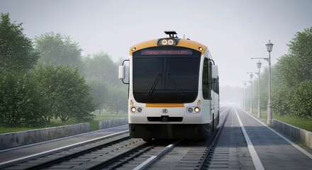 Modern electric train traveling on tracks through a scenic, green landscape on a misty day