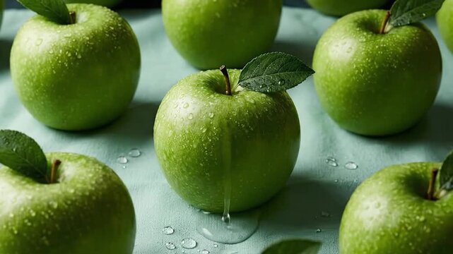 Close up of fresh green Granny Smith apples with water droplets running down skin on blue cloth