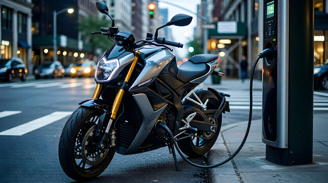 Sleek Electric Motorcycle Charging in Urban Environment: Future Mobility Solutions and Sustainable Business Transportation Technology for Enterprise Innovation